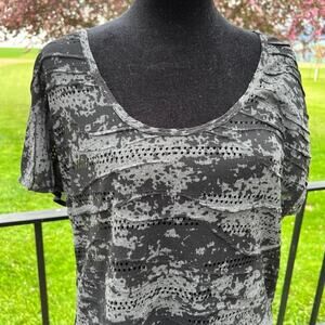 VANITY Black Grey Short Sleeve Scoop Neck Sheer Back Top, Women's Size M